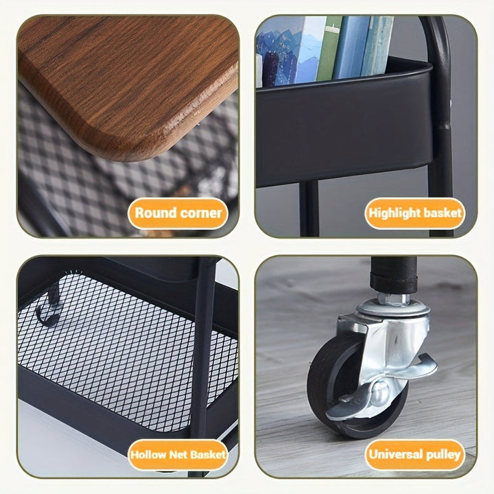 Carro de almacenamiento de 3 niveles con parte superior de madera – Organizador de metal versátil para cocina, dormitorio, oficina y más – Negro con ruedas blancas, Organizador de oficina | Carro de almacenamiento elegante | Estante con parte superior de
