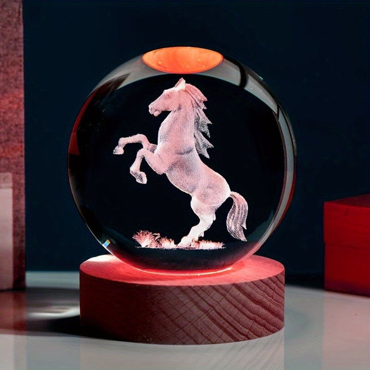 1 Pieza, Cristal Con Diseño De Caballo Grabado Con Láser 3D Con Base De Luz LED De Madera, Adorno De Decoración Del Hogar, Bola De Cristal De Luz Nocturna
