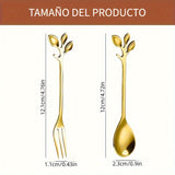 Juego de 12 cucharas doradas de acero inoxidable para café y postres, con decoración de hojas, superficie pulida y aptas para lavavajillas