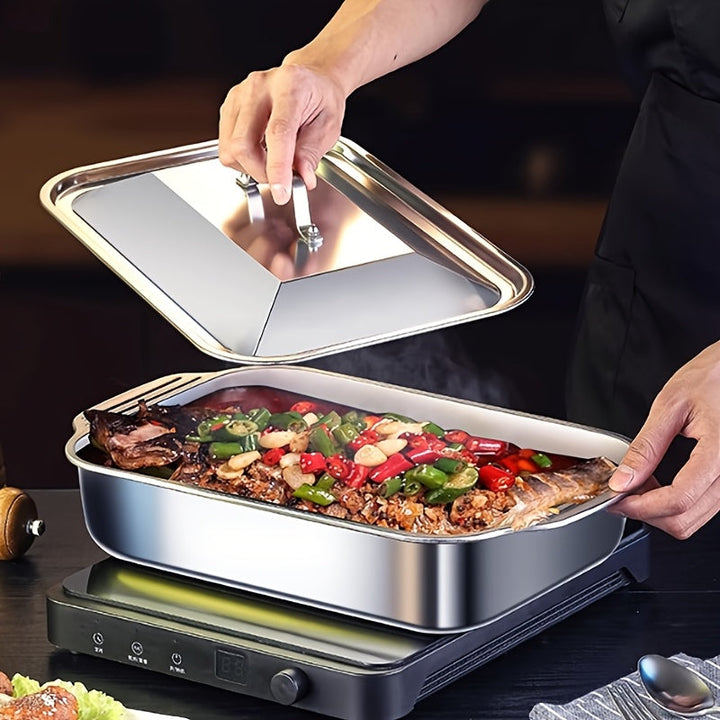 Juego de sartenes para asar hechas de acero inoxidable con tapas - Antiadherentes, robustas, plato de parrilla con dos asas, bandeja de horno versátil para postres, panes y mariscos - Perfecta para barbacoas, bufets y ocasiones festivas