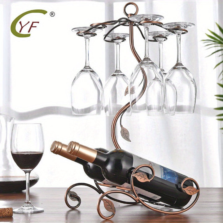 1pc Estante de Vino al Estilo Francés Vintage con Soporte para Copas - Elegante Exhibidor de Hierro para Encimera de Cocina y Comedor