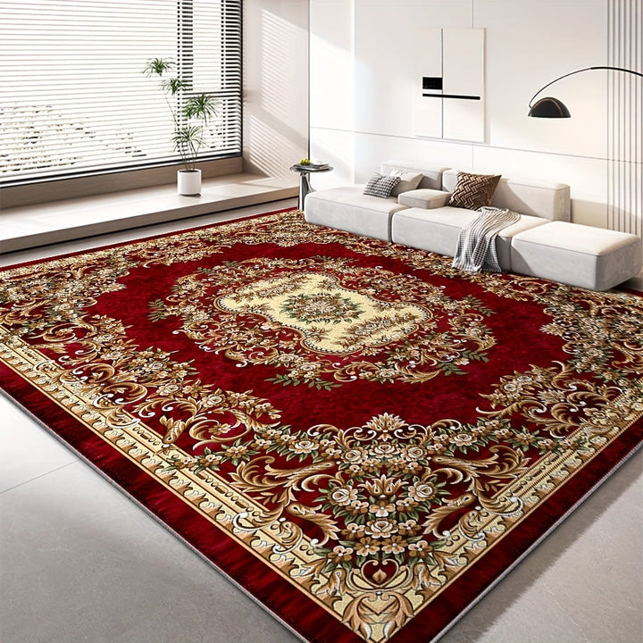 1 Alfombra de Terciopelo VelvetSoft Ultra Suave - Diseño Elegante con Flores Rojas y Geometría Dorada, Antideslizante, Lavable a Máquina, Ligera y Duradera en Poliéster para Sala, Dormitorio, Oficina, Entrada o Camping | Accesorio Hogareño Elegante | Bas