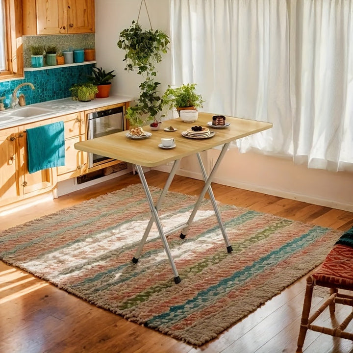 1 pieza de mesa plegable portátil - Madera densa, marco de metal, no necesita energía - Ideal para acampar al aire libre, barbacoas, dormitorios, restaurantes y uso en la oficina - Diseño compacto y duradero, muebles para exteriores | Patrón rayado | Mes