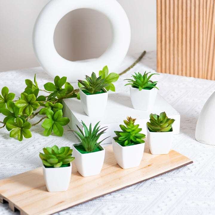6 piezas - Combinación de plantas artificiales, bonsái verde suculento artificial para decoración interior, adorno de escritorio estilo nórdico, pequeña planta en maceta suculenta artificial, decoración del hogar