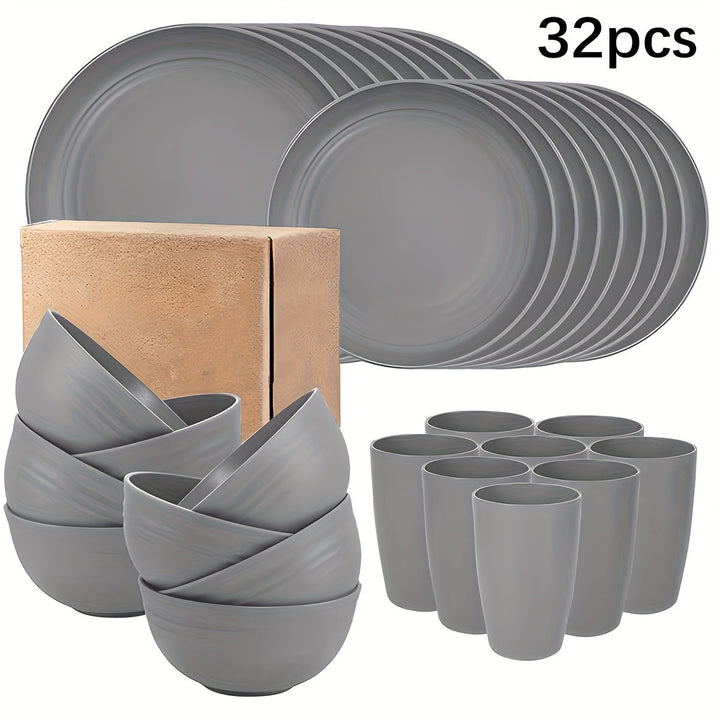 Juego de vajilla de plástico de 4/16/32 piezas para cocina, incluye platos para comida, platos para postre, tazones y tazas, ideal para uso en casa y restaurante, vajilla irrompible para viajes, camping y fiestas al aire libre