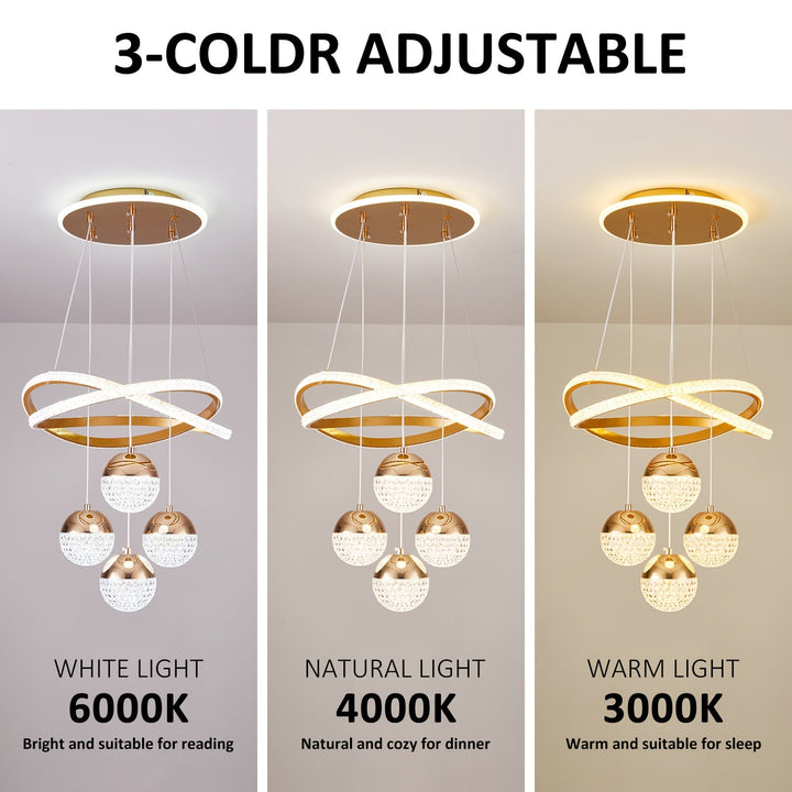 Lámpara colgante LED dorada moderna, regulable, acabado metálico pulido, con hardware de instalación, para comedor, isla de cocina, sala de estar, dormitorio - Conectada eléctricamente, 110V-240V, solución de iluminación para islas | Lámpara de techo ele