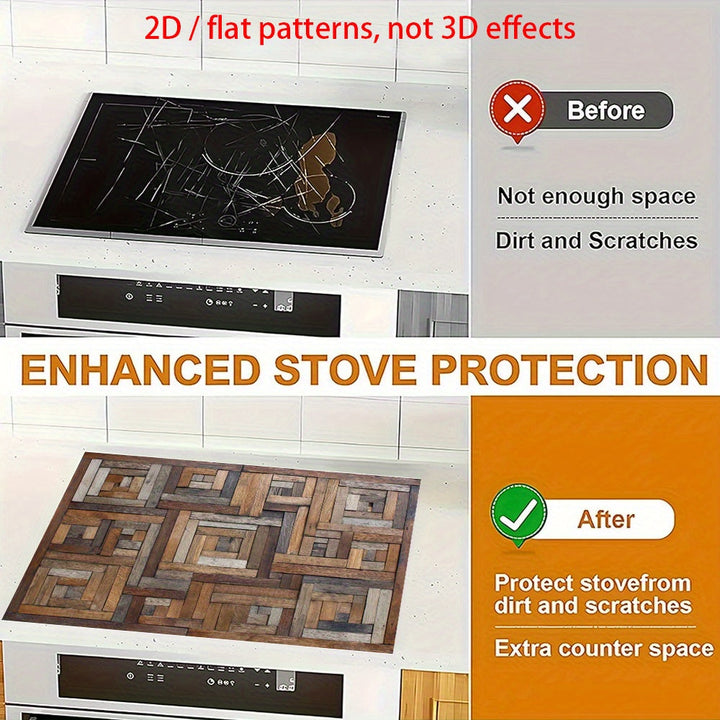 Un solo pieza, 2D plano "Textura de madera geométrica" hecha de goma, diseñada para ser resistente al calor y las rayas, con una superficie antideslizante, ideal para proteger cualquier cocina, lavadora, secadora y encimera de vidrio.