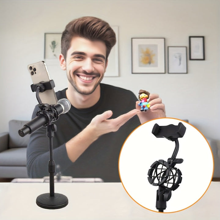 Soporte de teléfono con micrófono de ajuste de altura pesado con 2 en 1 función dual, diseño ergonómico resistente a los golpes y montaje portátil para coche - Manos libres para transmisión en vivo, podcasting, grabación de voz, grabación sin manos, cons