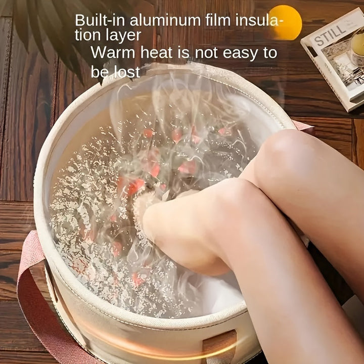 Baño de Pies de Lujo para 1 Persona - Bañera Portátil Plegable con Detalles en Beige y Rosa, Sin Necesidad de Electricidad, Aislamiento Térmico para Hogar/Viaje/Spa - Cubo Beige con Correa Rosa - Ideal para Mujeres y Hombres, Regalo Relajante de Invierno