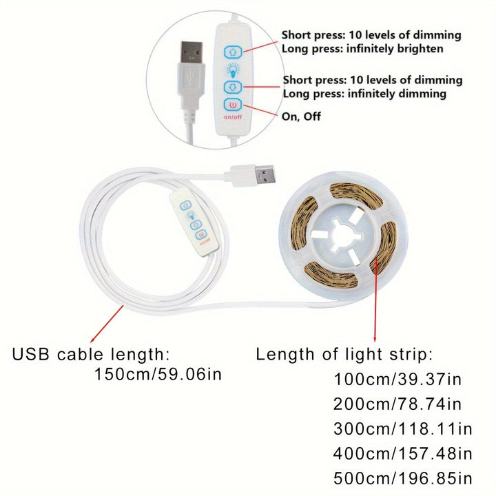 Luz LED de Tira Cálida y Cálida con Alimentación USB, Brillo Ajustable de 99.97-499.87cm - Perfecta para Armarios, Espejos, Techos, Cocinas y Dormitorios