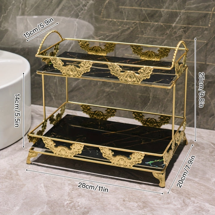 Estantería Organizadora de Baño Metálica de 3 Niveles para Cosméticos, Perfumes y Cuidado de la Piel - Estante de Almacenamiento Multicapa de Hierro Negro con Borde Floral Dorado Decorativo, Ideal para Tocador o Habitación Universitaria