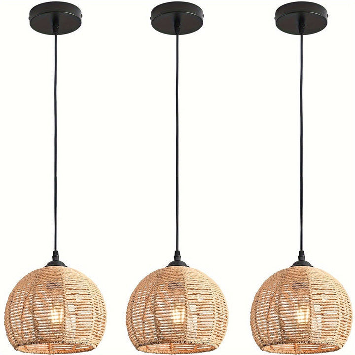 1/3 Piezas, Luces Colgantes De Mimbre Tejido Natural, Estilo Bohemio De Mediados De Siglo, Lámparas De Techo Redondas Rústicas De Granja De 7", Accesorios De Iluminación De Ratán Para Comedor E Isla De Cocina, (Bombillas No Incluidas)