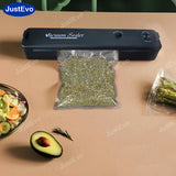 Selladora al Vacío JustEvo, Selladora de Alimentos con Bolsas para Frescura, Máquina de Sellado al Vacío con Sistema Automático de Cierre de Aire para Almacenamiento de Comida, Sellador y Calentador en 1