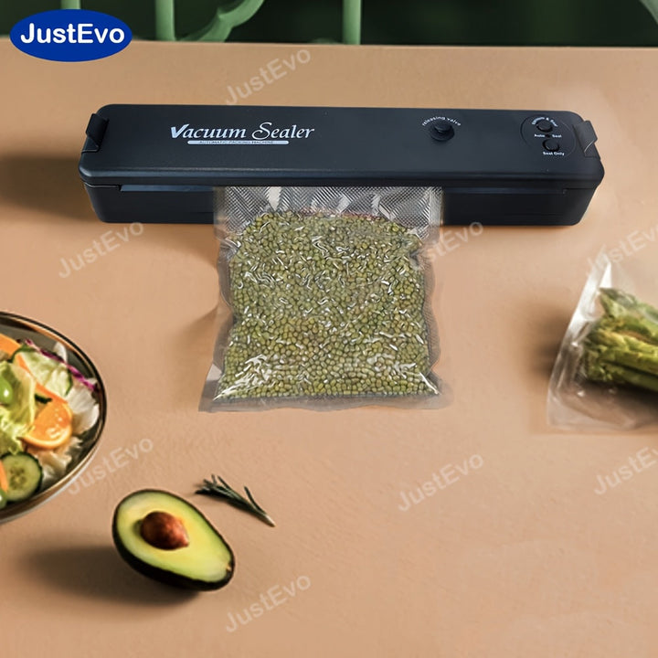 Selladora al Vacío JustEvo, Selladora de Alimentos con Bolsas para Frescura, Máquina de Sellado al Vacío con Sistema Automático de Cierre de Aire para Almacenamiento de Comida, Sellador y Calentador en 1