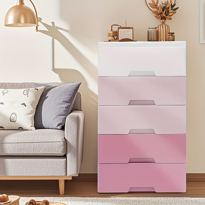 Unidad de cajones de plástico ligera de 5 niveles - Cajas de almacenamiento rosa degradado para dormitorios universitarios y propiedades de alquiler
