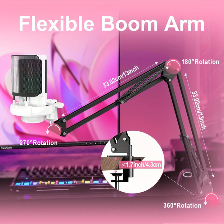 Un toque de silencio, Kit de micrófono de condensador USB | Brazo de soporte ajustable de 360° | Un botón de silencio y Plug-and-Play | Reducción de ruido HD | Ideal para transmisión en vivo, juegos, podcasting, grabación | Construcción duradera de ABS |
