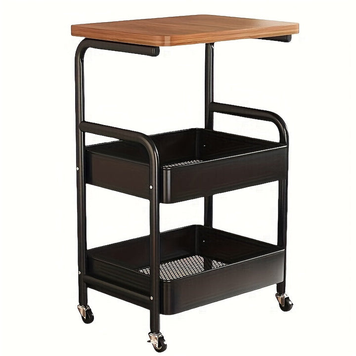 Carro de almacenamiento de 3 niveles con parte superior de madera – Organizador de metal versátil para cocina, dormitorio, oficina y más – Negro con ruedas blancas, Organizador de oficina | Carro de almacenamiento elegante | Estante con parte superior de