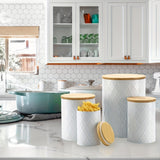 Juego de 4 frascos de encimera, juego de frascos de cocina de cerámica con tapas de madera herméticas - Perfecto para café, té, azúcar, harina, hojas de té, sal y más