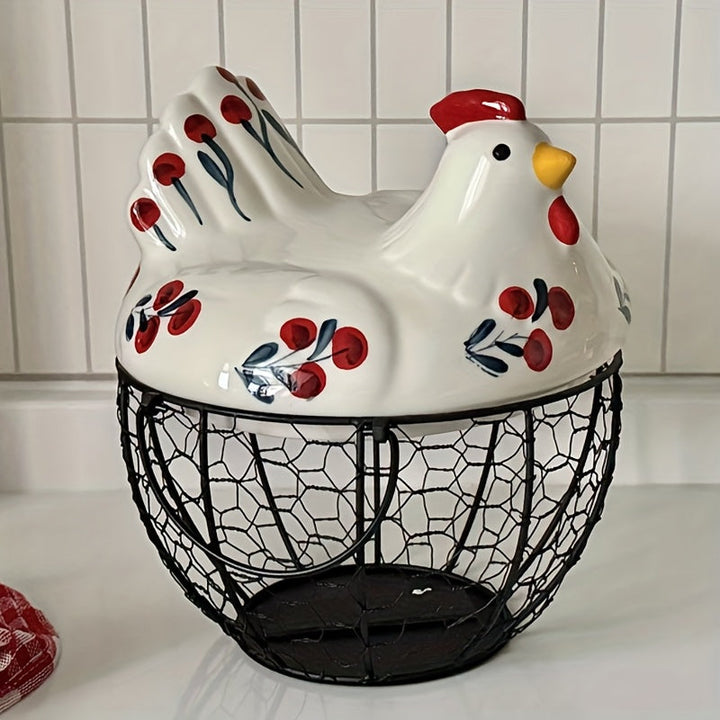 Cesta de huevos de alambre de metal cerámico rústico con tapa - Organizador de almacenamiento de cocina multifuncional para frutas y verduras, decoración duradera y elegante con diseño floral, soporte de huevos para refrigerador.