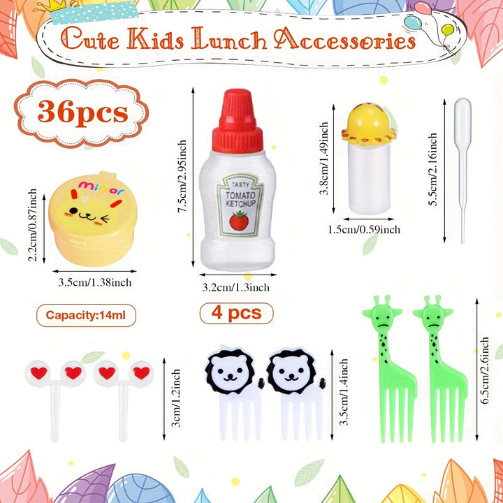 38/48 piezas de botellas exprimibles para ensaladas, botellas para condimentos y salsas, tenedores decorativos para bento, diseños de animales y frutas animados, material de polipropileno, forma ovalada, solo lavado a mano