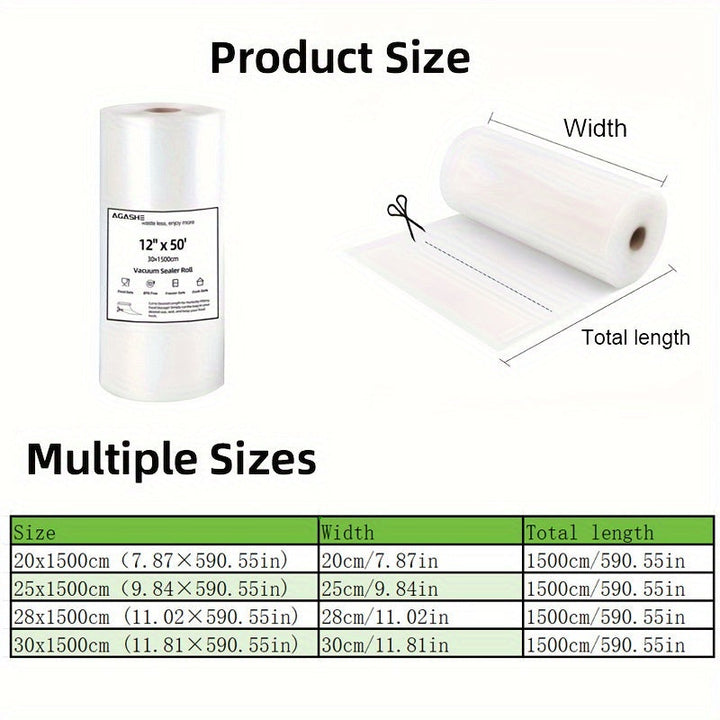 Bolsas de sellador de vacío AGASHE de 15 metros (opciones de 20/25/28/30 cm) - Clase alimentaria, diseño reforzado y hermético para carne, pescado, verduras, compatible con todas las máquinas de vacío.