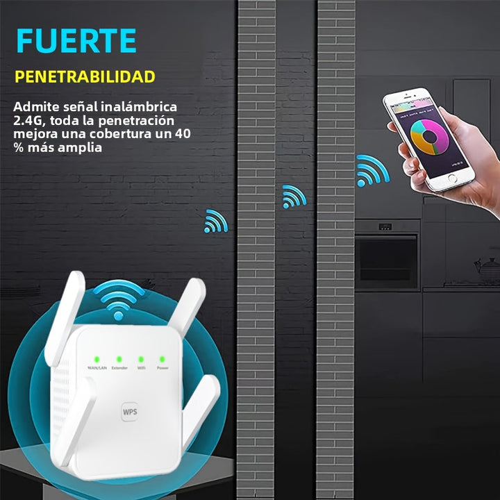 Repetidor Amplificador de WiFi - Amplifica Señal Inalámbrico hasta 4500sq.ft, Soporta 30+ Dispositivos, Puerto Ethernet, Botón WPS/Reset, Negro, Diseño Cómpacto para Fácil Instalación, Repetidor Amplificador de Señal WiFi para Hogar
