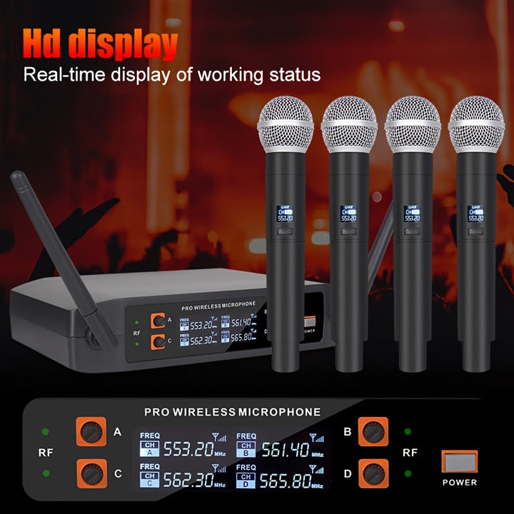 Sistema de micrófono inalámbrico NGUVMN, con cancelación de ruido (ANC), para karaoke, iglesia, DJ, frecuencia ajustable UHF, juego de 4 micrófonos portátiles, recepción de señal fuerte, alimentado por 110-130V AC, con enchufe de EE. UU., para cantar, gr