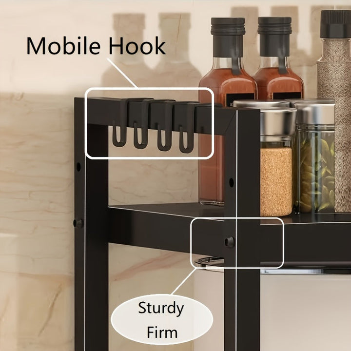 Soporte Expansible para Microondas, Estante de Almacenamiento para Utensilios de Cocina y Vajilla, Estante para Microondas para Encimera, Estante de Almacenamiento de Cocina Metálico de 2 Niveles, con 4 Ganchos, Estante para Pan, Estante para Microondas,