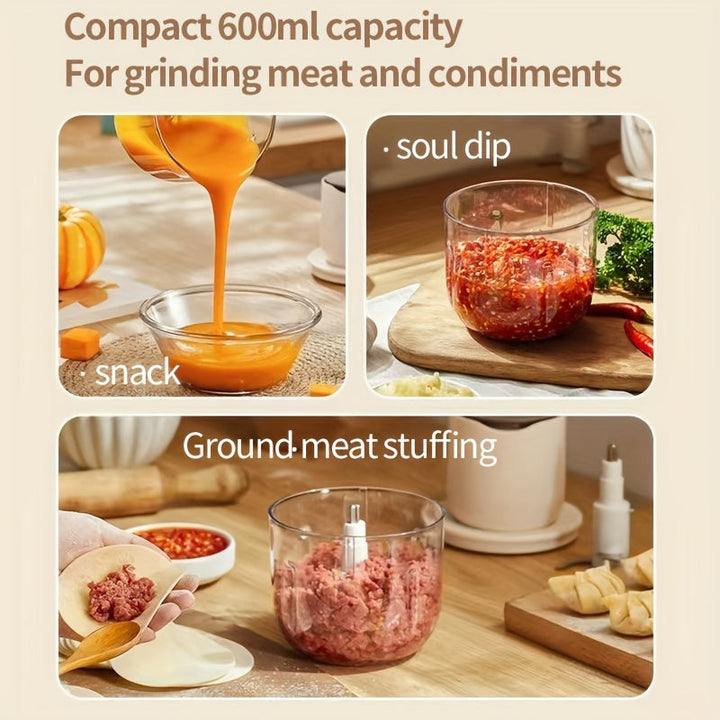 Picadora de Carne Inalámbrica Versátil con Carga USB - Capacidad de 600ml, Procesador de Alimentos Eléctrico Multifunción, Exprimidor y Trituradora de Hielo, Picadora de Carne, Trituradora de Hielo