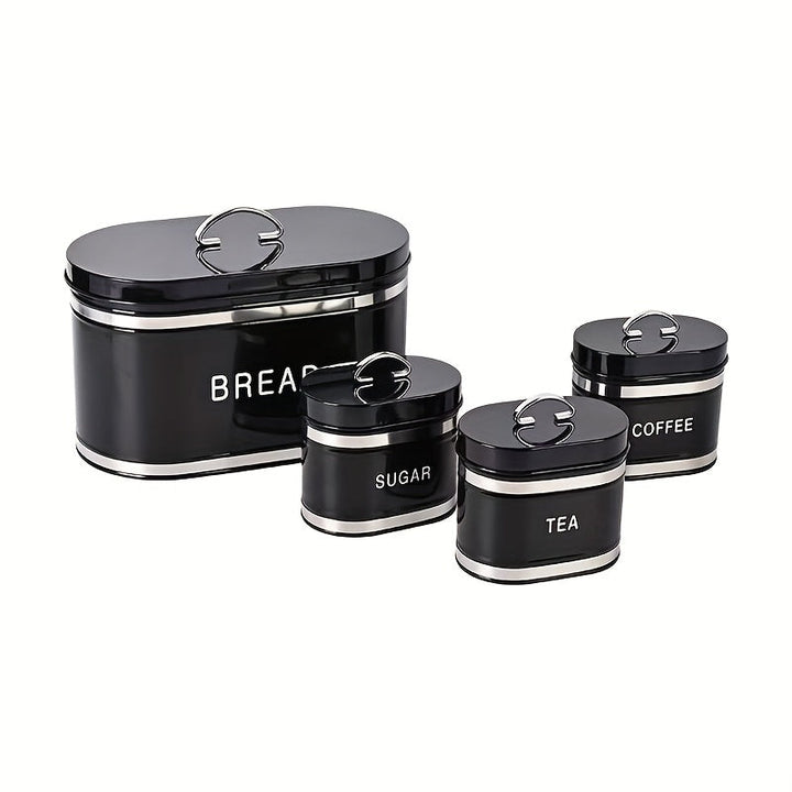 Juego de 4 Piezas Recipiente Hermético para Almacenar Pan, Café y Té en Tarro Metálico con Tapón de Acero