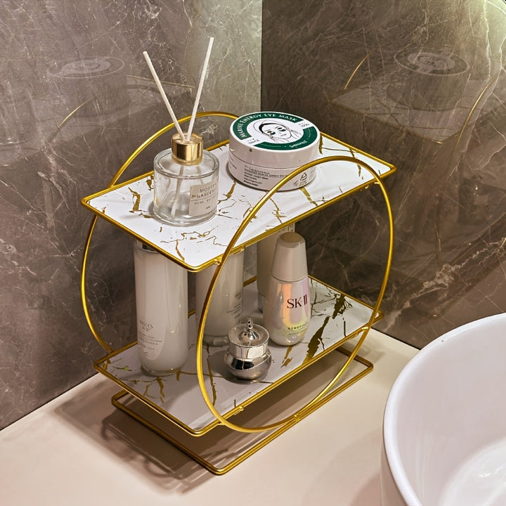 Organizadores de Maquillaje. Estante de baño hecho de hierro con estructura circular de doble capa y gran capacidad, ideal para colocar en el tocador. Su diseño elegante mejora la orden del espacio.