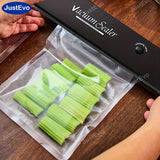Selladora al Vacío JustEvo, Selladora de Alimentos con Bolsas para Frescura, Máquina de Sellado al Vacío con Sistema Automático de Cierre de Aire para Almacenamiento de Comida, Sellador y Calentador en 1