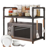 Estante de almacenamiento de cocina de varios niveles con ganchos, organizador de soporte de microondas de almacenamiento abierto, plástico duradero, no requiere ensamblaje, para especias, utensilios y electrodomésticos pequeños.