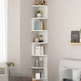 Estante de pared de esquina de 5 niveles, madera compuesta duradera, diseño que ahorra espacio, montaje de pared sin taladro, ideal para uso doméstico y de retail, estantes para pared, exhibición de retail, unidad de estantería de madera, clasificación d