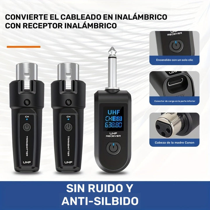Sistema de Micrófono Inalámbrico con Adaptador UHF XLR - Recargable por USB, Compatible con Micrófonos Dinámicos, Guitarras y Sistemas de PA