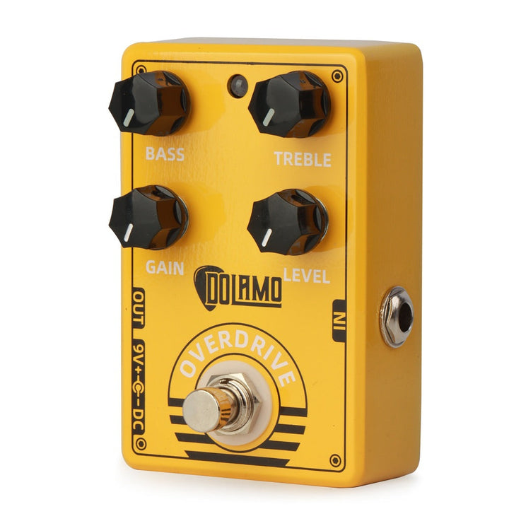 DOLAMO 1 unidad Pedal de efectos de guitarra Overdrive - Amarillo brillante y negro, aumento de bajo dual, distorsión, aumento de volumen, bucle de efectos y perillas de control, construcción metálica/ensamblada para músicos en vivo, pedal de guitarra, p