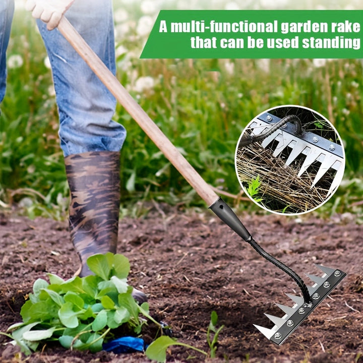 1 Herramienta Multifuncional de Alta Resistencia - Rastrillo de Hierro, Acero al Carbono Anticorrosivo. Ideal para Deshierbe/Reconversión de Tierras/Suelos Sueltos, Cultivación Fácil y Rápida a 5-6 cm de Profundidad