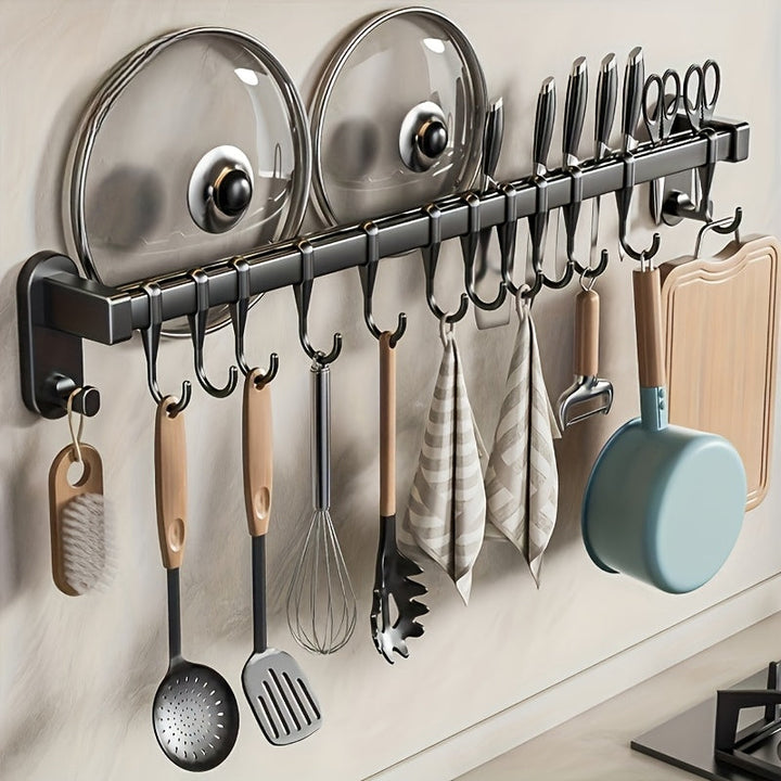 Organizador de Cocina de Acero al Carbono Negro que Ahorra Espacio - Diseño Elegante de Montaje en Pared para Utensilios, Cuchillos y Especias | Fácil Instalación con Adhesivo o Tornillos, No Necesita Tubo Metálico, Accesorios de Cocina, Estante de Pie