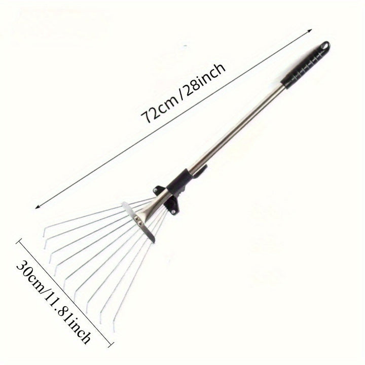 1 pieza de rastrillo de jardín ajustable de gran resistencia con cabeza expansible - Rastrillo de jardín plegable para césped, camping, arbustos y ro - Mango negro, no necesita baterías, rastrillo de jardín expansible, herramienta de cuidado de césped, m