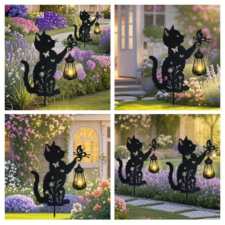 1 pieza/2 piezas, iluminación solar para exteriores, decoración de jardín - Gato jugando con mariposas, lámpara solar de arte de hierro, decoración de metal para la casa, adecuada para el camino de la entrada, césped, patio, Navidad, regalo único.