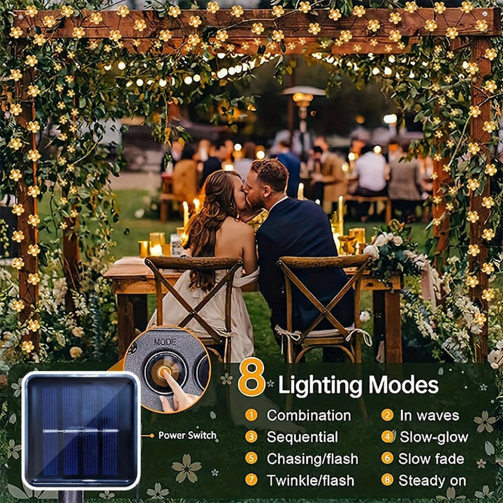 Lámpara solar decorativa para exteriores con luces de cerezo, 1 cuerda, material plástico, temática floral, regulable, control con botón, 8 modos de iluminación, panel solar en marco metálico, iluminación para jardín | Luz elegante | Duradera, luces sola