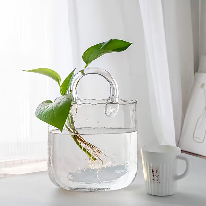 [Jarrón nórdico elegante] Jarrón de vidrio estilo nórdico elegante con asa, transparente, decoración versátil para sala, ideal para flores frescas y secas, sin necesidad de electricidad