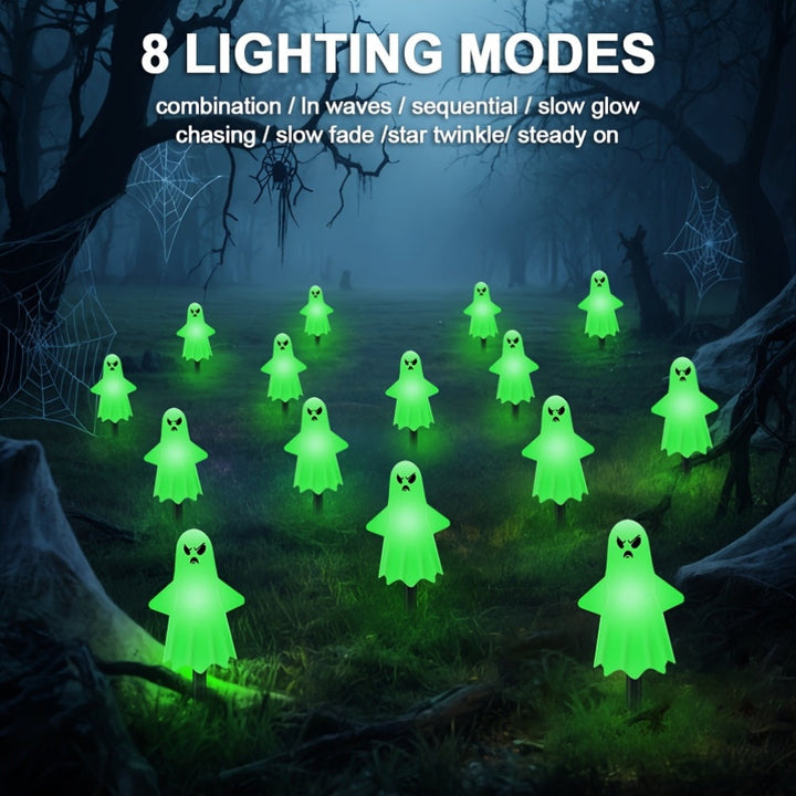 12 paquetes de luces solares de tierra espeluznantes para Halloween - Bats de horno de luces verdes, calidad IP44, 8 modos de iluminación (esqueleto/soplado/cambiando), montaje semi-inclinado, plástico duradero para decoraciones de exteriores de Hallowee