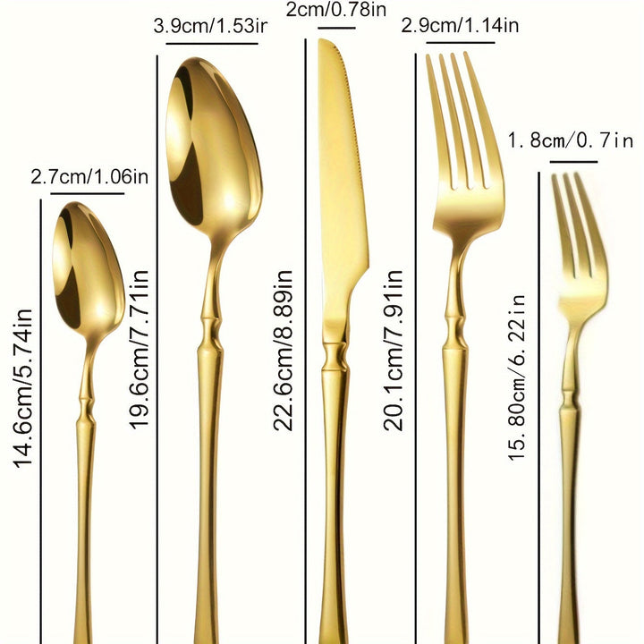 Juego de Vajilla de Acero Inoxidable para Cintura Pequeña de 20pcs/30pcs, Incluye Tenedores, Cucharas, Cucharas de Postre, Tenedores de Fruta y Cuchillos, Muy Adecuado para Cocina de Hogar, Restaurante, Hotel, Boda, Fiesta, Lavavajillas Dorado