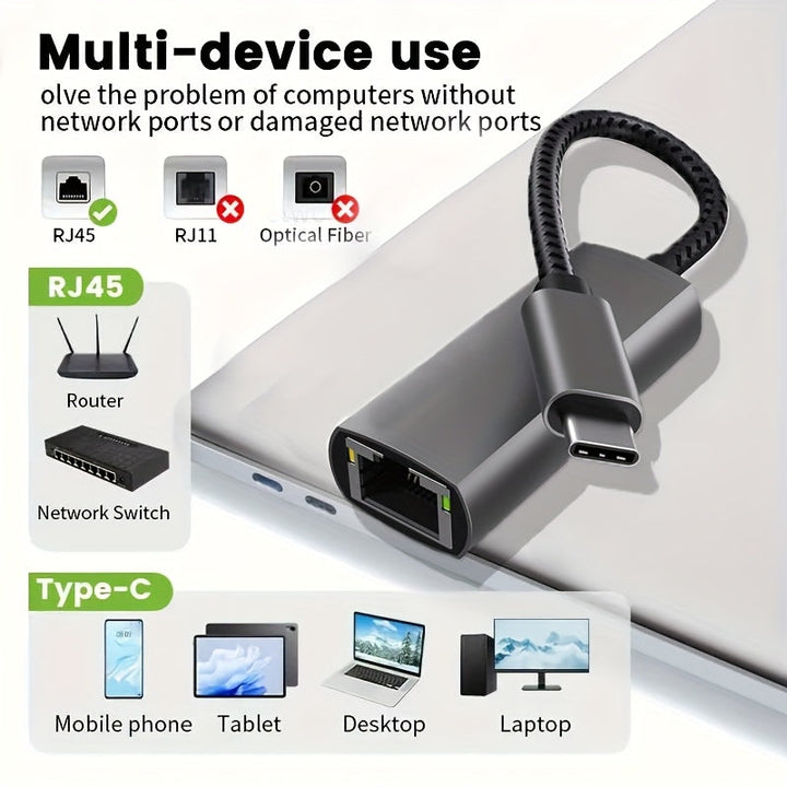Adaptador Ethernet USB-C, Conector USBC a RJ45 LAN, Tasa de Transferencia de Datos 1Gbps, Carcasa de Aleación de Aluminio, Resistente al Caída, Disipación Rápida del Calor, Sin Sobrecalentamiento, Compatible con Chrome OS, Linux y MacOS, Redes de Oficina