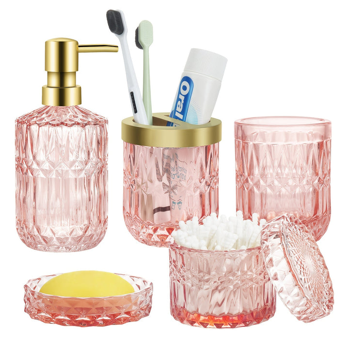 Juego de 5 piezas de vidrio de lujo para baño con recipiente para jabón, soporte para cepillo de dientes y dispensador de jabón para manos