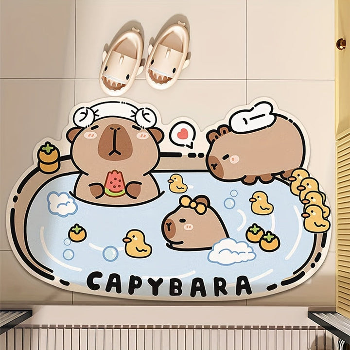 Alfombra de baño antideslizante con diseño de carpincho adorable - Super absorbente de tierra de diatomeas, secado rápido y suave - Diseño de caricatura con fresas y té de burbujas - Perfecta para baño, ducha, lavandería, dormitorio o sala de estar