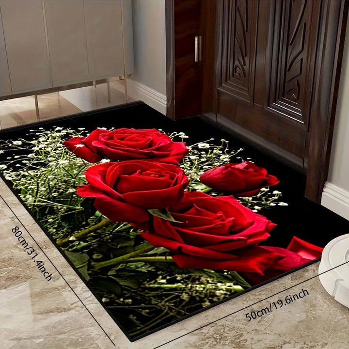 1 alfombra romántica con diseño de rosas rojas, antideslizante de poliéster, elegante decoración floral para sala, dormitorio, baño y hogar, lavable, estilo sofisticado