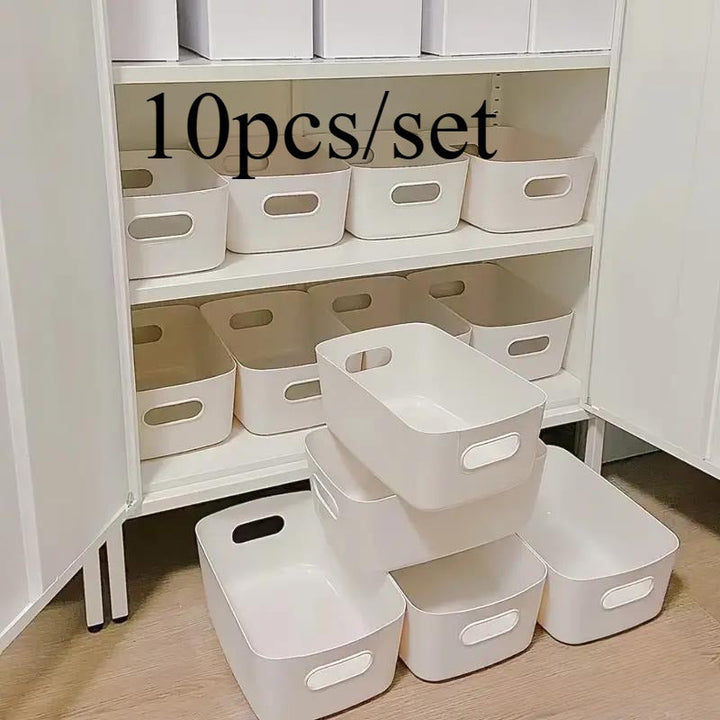 10pcs Cestas de Almacenamiento de Plástico Blanco con Asas - Cajas Organizadoras Rectangulares Versátiles para Armarios de Cocina, Baño y Despensa - Ideales para Especias, Snacks y Esenciales, Cestas de Estante
