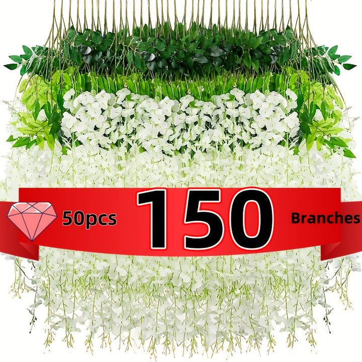 50/150 flores colgantes de wisteria artificial - Decoraciones de vino artificial blanco, adecuadas para bodas, jardines, paredes y arcos de mesa DIY - 3,6 pies de largo, perfectas para primavera, Navidad, Día de San Valentín y fiestas de cumpleaños